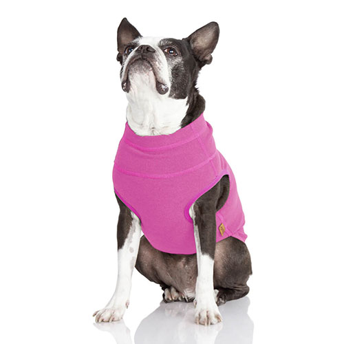 Gooby Office dog wearing microfiber stretch fleece vest - pink